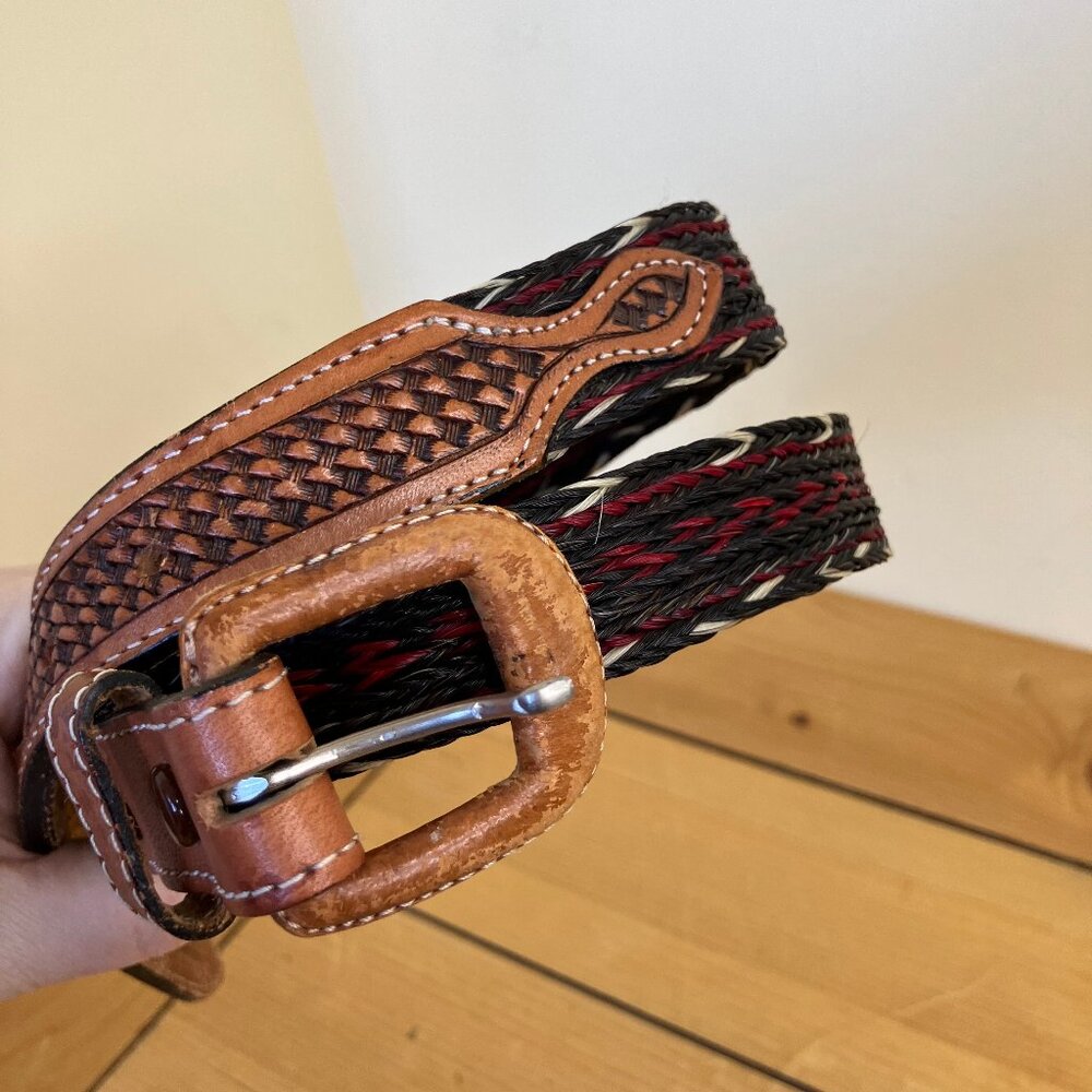 Braided Horse Hair & Tooled Leather Western Belt Black/Red 36"
